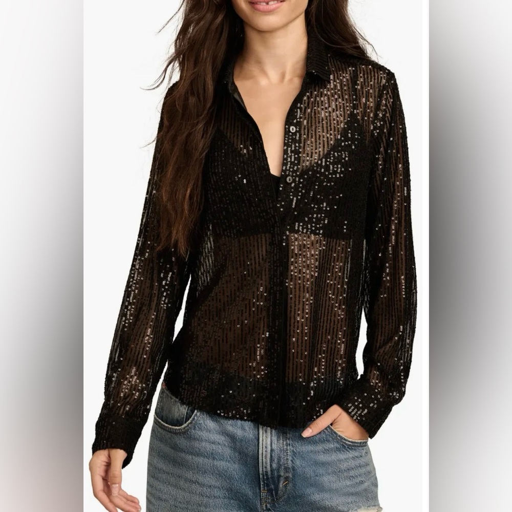 Lucky Brand Sequin Button-Up Shirt Black Size M NWT - Picture 1 of 8